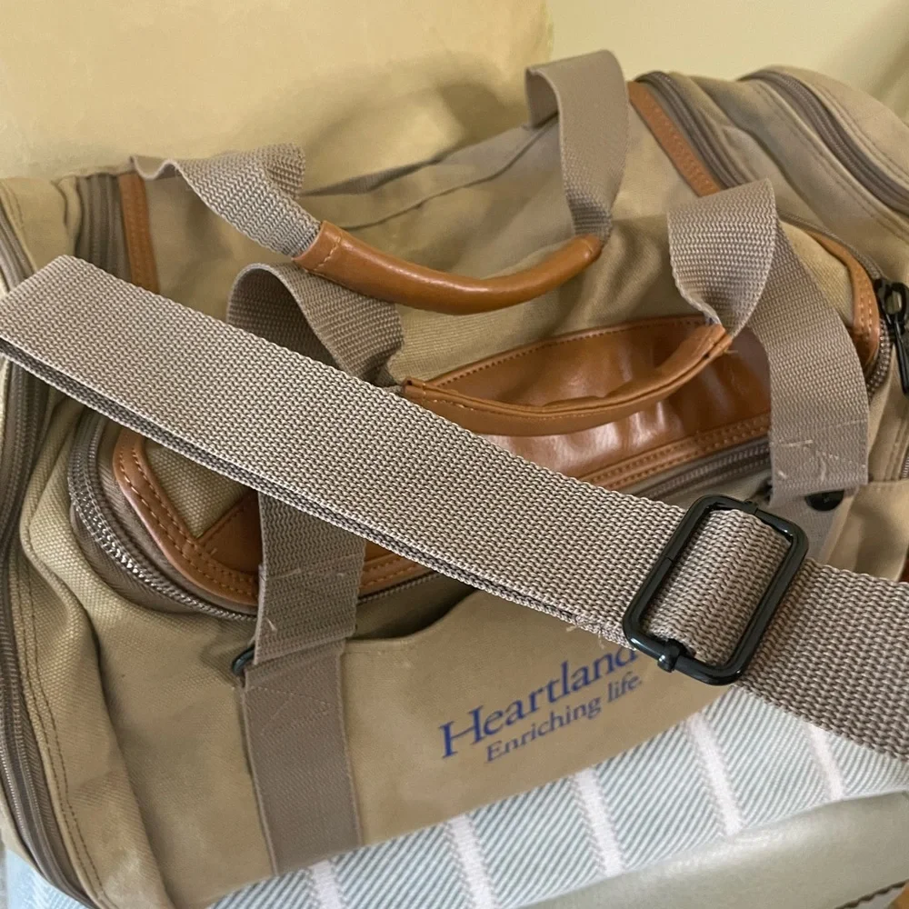 Tan and Brown Men's Duffel Bag